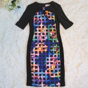 Joseph Ribkoff Size 8 Black Patterned Sheath Bodycon Dress Black Multi Coloured